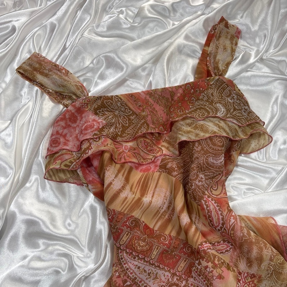 y2k Cami Top Orange Excellent Paisley Ruffle Layered Asymmetrical Tank - Picture 2 of 5